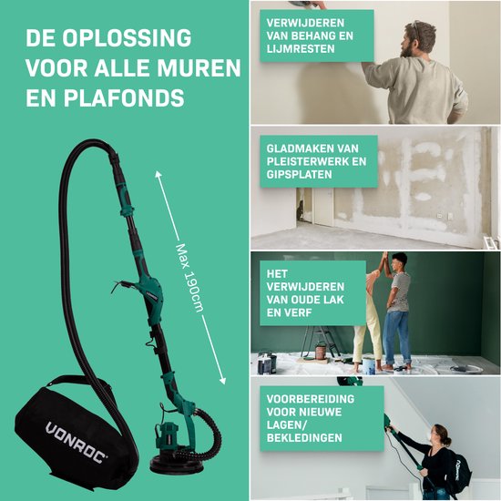 Groene schuurmachine met lange steel naast tekst "De oplossing voor alle muren en plafonds". Toont drie toepassingen.