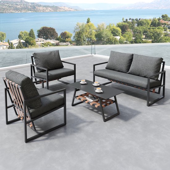 tectake - loungeset 3 1 - wicker - zwart | Leen Bakker