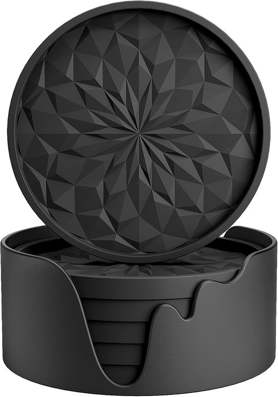 Set de 6 Sous-verres - Dessous de verre en Siliconen - Sous-verres avec support - Sous-verres pour Verres - Ensemble de dessous de verre - Tapis isolant - Tapis anti-brûlure - Antidérapant - Résistant à la chaleur - Zwart