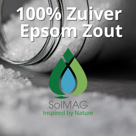 Een pot met 100% zuiver Epsom zout, met het SolMAG logo.