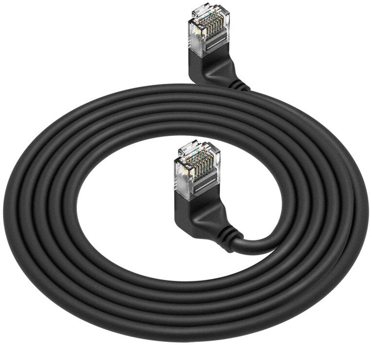 Image of ACT Zwarte 3 meter U/UTP CAT6A LSZH Slimline patchkabel met RJ45 connectoren 90° haaks boven naar 90° haaks boven DD6903