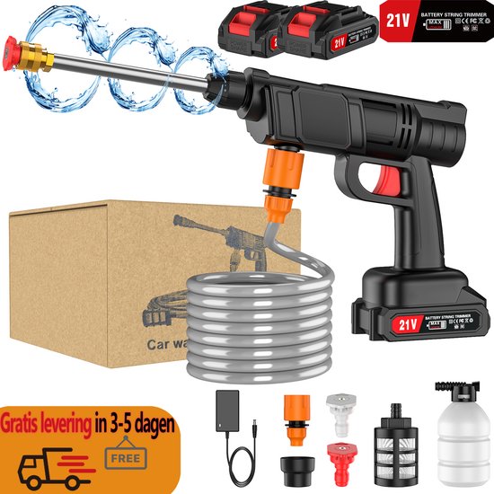 Hogedrukreiniger, 60 bar, mobiel hogedrukwaterpistool met 2 x 4000 mAh accu, 6-in-1 multifunctioneel mondstuk, 180° draaibaar mondstuk, 5 m slang, filterketel, geschikt voor auto's, terras en ramen