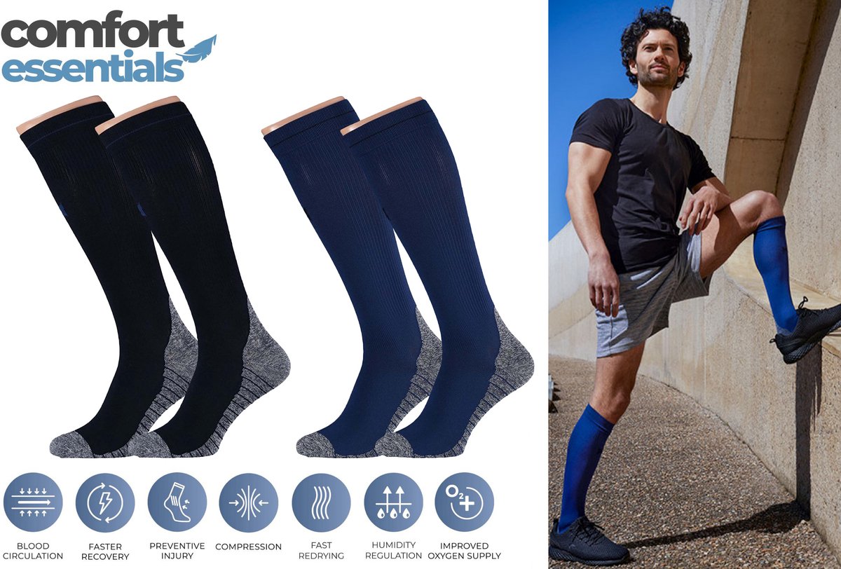 Comfort Essentials - Compressiekousen - Compressie Sokken - 2 Pack - Blauw/Zwart - Maat 35-38 - Hardloopsokken - Steunkousen - Sportsokken - Skisokken