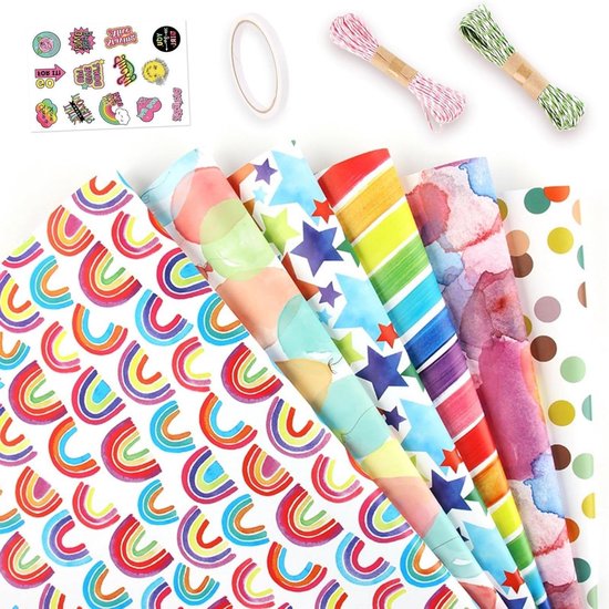 Verjaardagscadeaupapier van kraftpapier,inpakpapier voor gelukkige verjaardag, 12 vellen 70 * 50 cm bruin gevouwen papier met jutekoorden, stickers en strikken voor alle verjaardagsgelegenheden