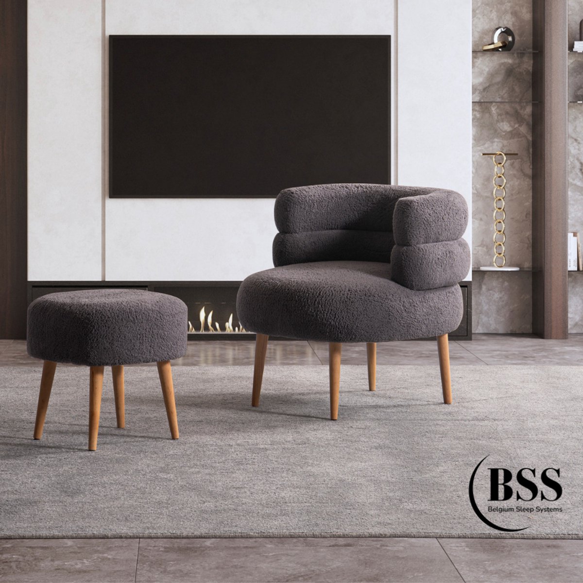 BSS Barel - Fauteuil & Poef Set - Scandinavisch Design - Antraciet