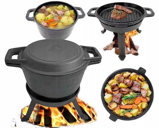 Kinghoff Gietijzeren Dutch Oven 10L – 3-in-1 Outdoor Kookset | Stoofpot, Grill en Kampvuurpan — afbeelding 2