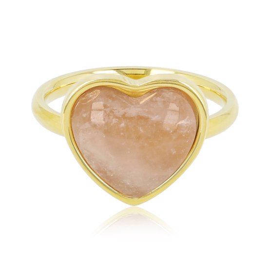 My Bendel Bague cœur dorée avec pierre précieuse Quartz rose - Bague cœur dorée avec pierre précieuse Quartz rose - Avec emballage cadeau luxueux