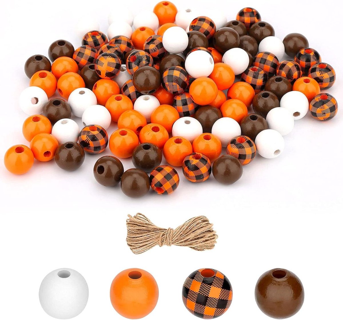 Titel: 100 stuks 16mm Halloween Thanksgiving houten kralen rustiek voor guirlande ambachten (oranje en zwart plaid koffie oranje wit)