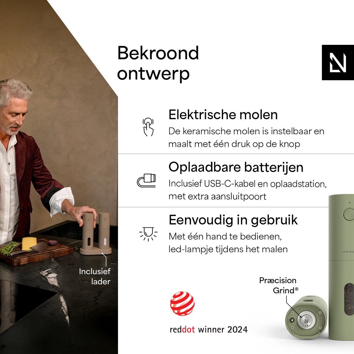 LARS NYSØM Elektrische Zout- en Pepermolen Set Spænding - 2-delige Set met verstelbaar keramisch maalwerk van grof tot fijn - Automatisch kruidenmolense (Sage Green) — cadeau in Kookcadeaus - foto 2