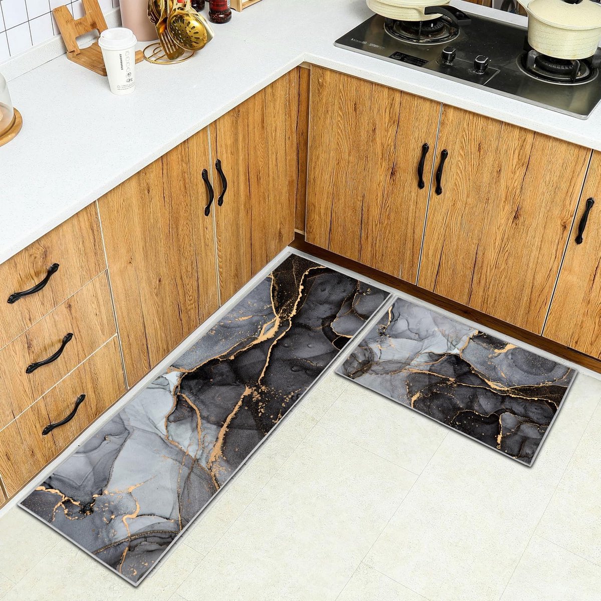 Ibenzoa® Duplex Keuken Tapijten Set, 2 Stuks, Antislip, 6mm, 40x60cm & 40x120cm