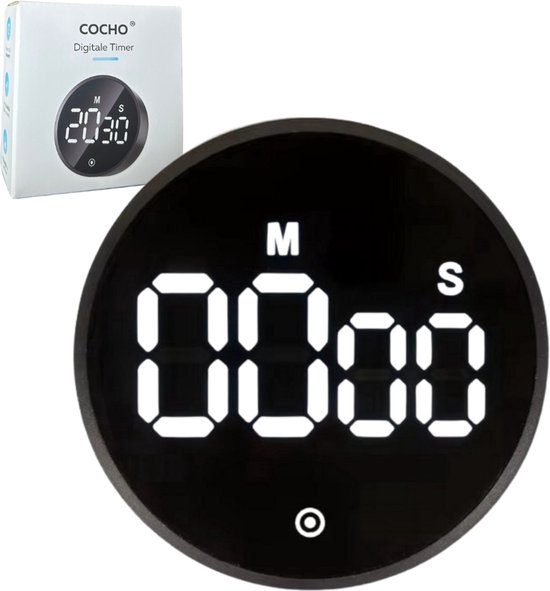 Zwarte digitale timer met LED-scherm en witte cijfers, met 'M' en 'S' aanduidingen voor minuten en seconden.