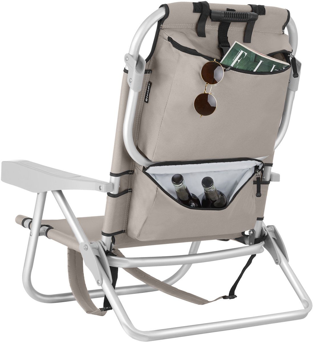 tectake® Strandstoelen Coral - Set van 2 Opvouwbare Campingstoelen met Koeltas en Opbergtas - 5-voudig Verstelbare Rugleuning met Hoofdkussen - Brede Armleuningen met Bekerhouder / Telefoonhouder - Inklapbare Kampeerstoel - Beige — cadeau in Sport & Outdoor - foto 6