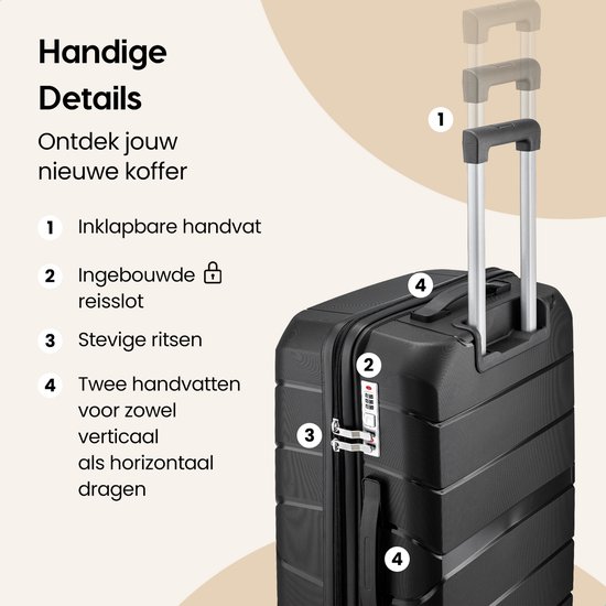 Detail van een zwarte koffer met inklapbare handvat, cijferslot, ritsen en draaghendels.
