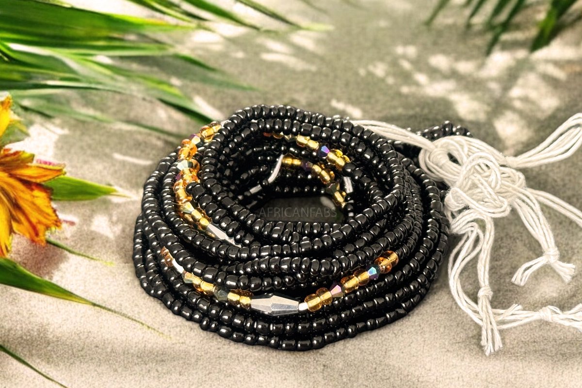 AfricanFabs® Waist Beads / Afrikaanse Heupketting - Afiangbe - Zwart / goud (Traditioneel niet-elastisch koord) - Buikketting - Taille ketting