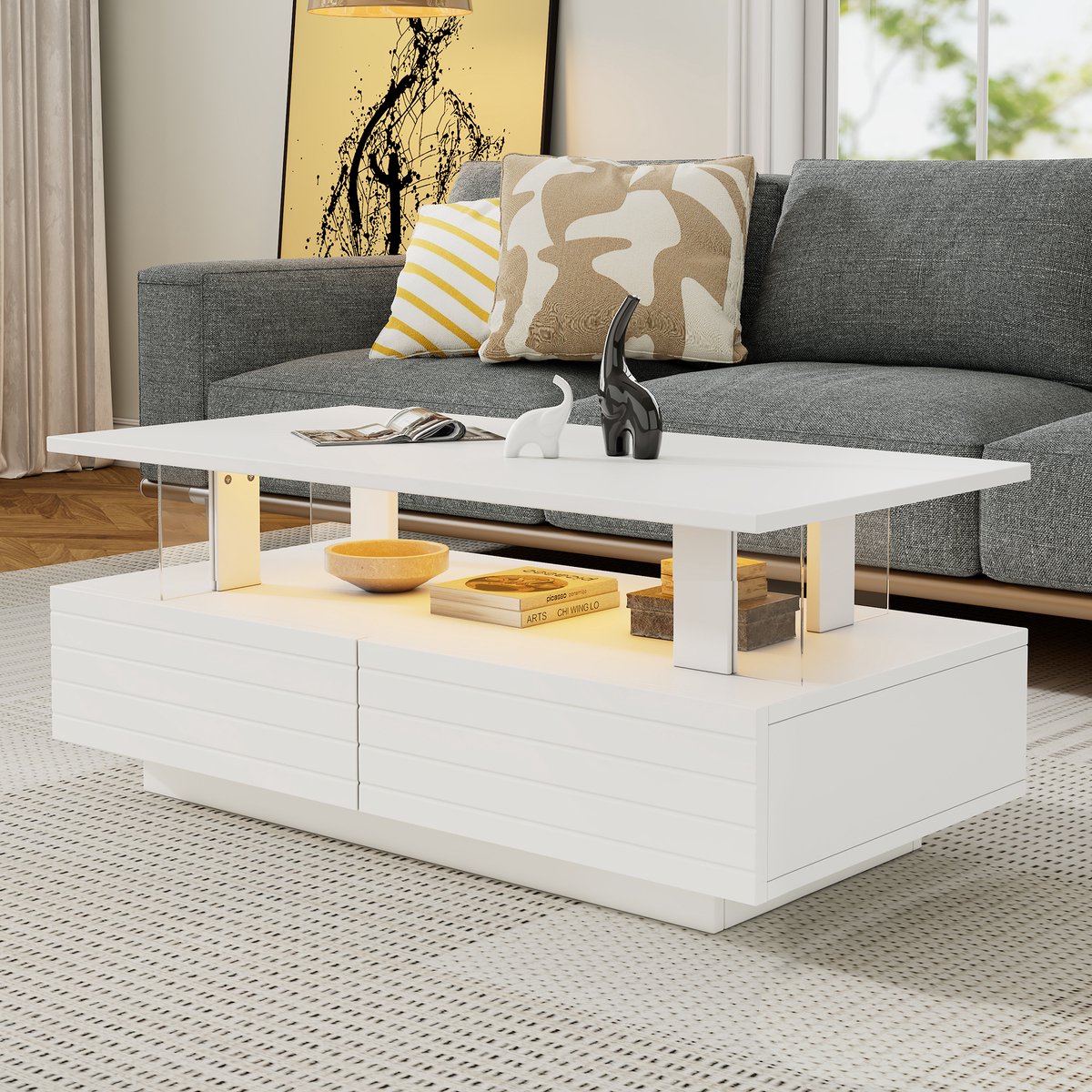 SINGULARITY Salontafel -Met Opbergvak-Wit-Acryl-LED-Verlichting-Dubbele Rechthoek