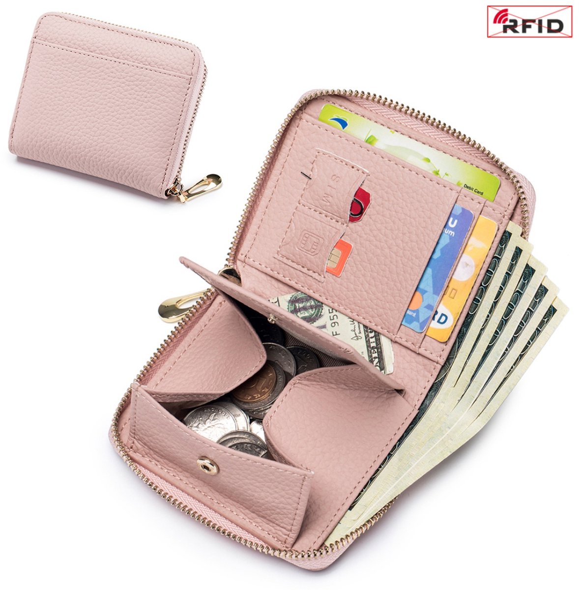 RFID Leren Portemonnee – Compacte Rits Kaarthouder, Munt- en Geldvak voor Heren en Dames - Pink