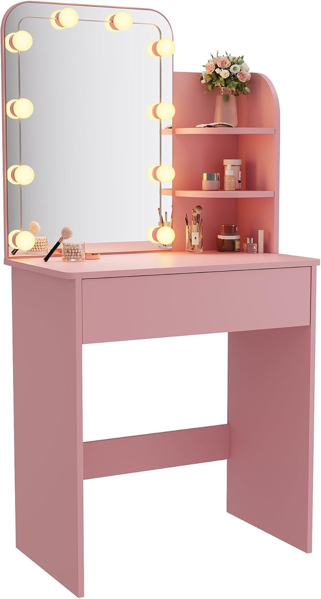 Make-uptafel met Spiegel en LED-Verlichting - Hollywood Stijl, Roze - 3 Open Vakken en 10 Helderheidsniveaus voor Slaapkamer