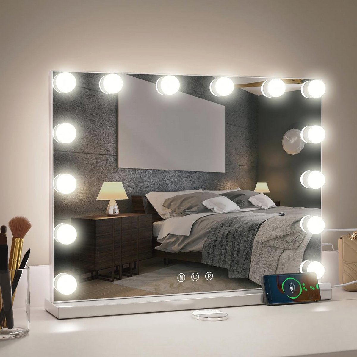 Grote Make-up Spiegel met Verlichting en Vergroting - 50x40 cm, 14 LED-lampen, 3 Verlichtingsmodi