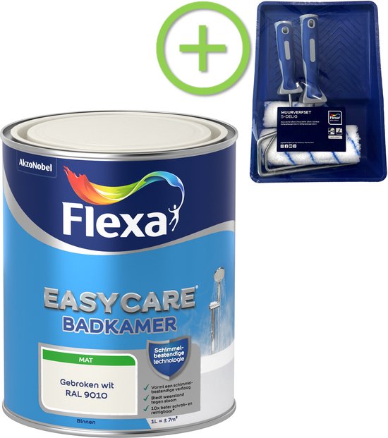 Flexa - Easycare Badkamer Mat - Gebroken Wit / RAL 9010 - 1 liter + Muurverfroller