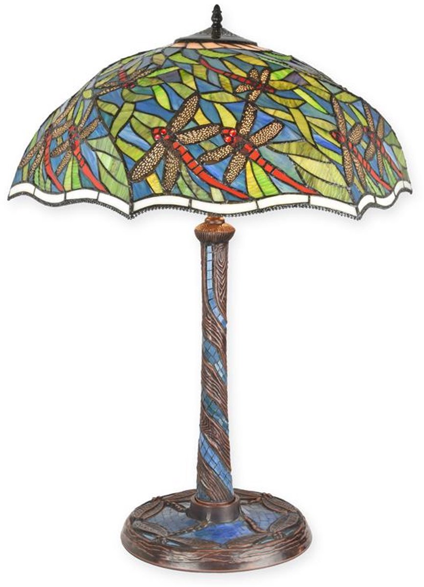 Tiffany stijl tafellamp van glas en metaal, Libel design, kleurrijk, handgemaakt, sfeervol voor elk interieur - Tafeldecoratie Design lamp