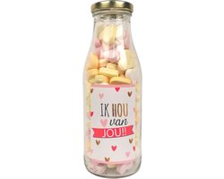 Valentijn cadeau - fles "Ik hou van jou" gevuld met vruchtenhartjes - liefde - valentijn