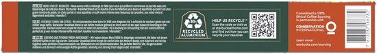 Arrière d'une boîte avec des informations sur le Starbucks Breakfast Blend et l'approvisionnement éthique en café.