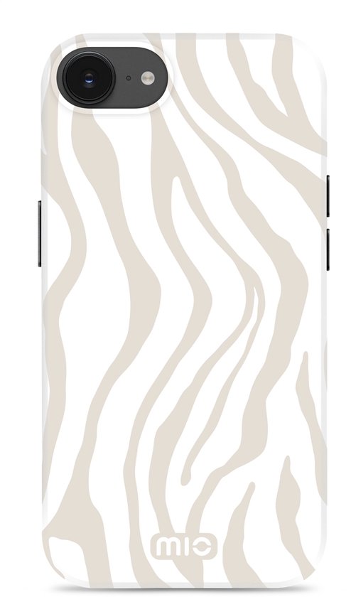 Coque de téléphone avec un motif zèbre beige sur fond blanc.