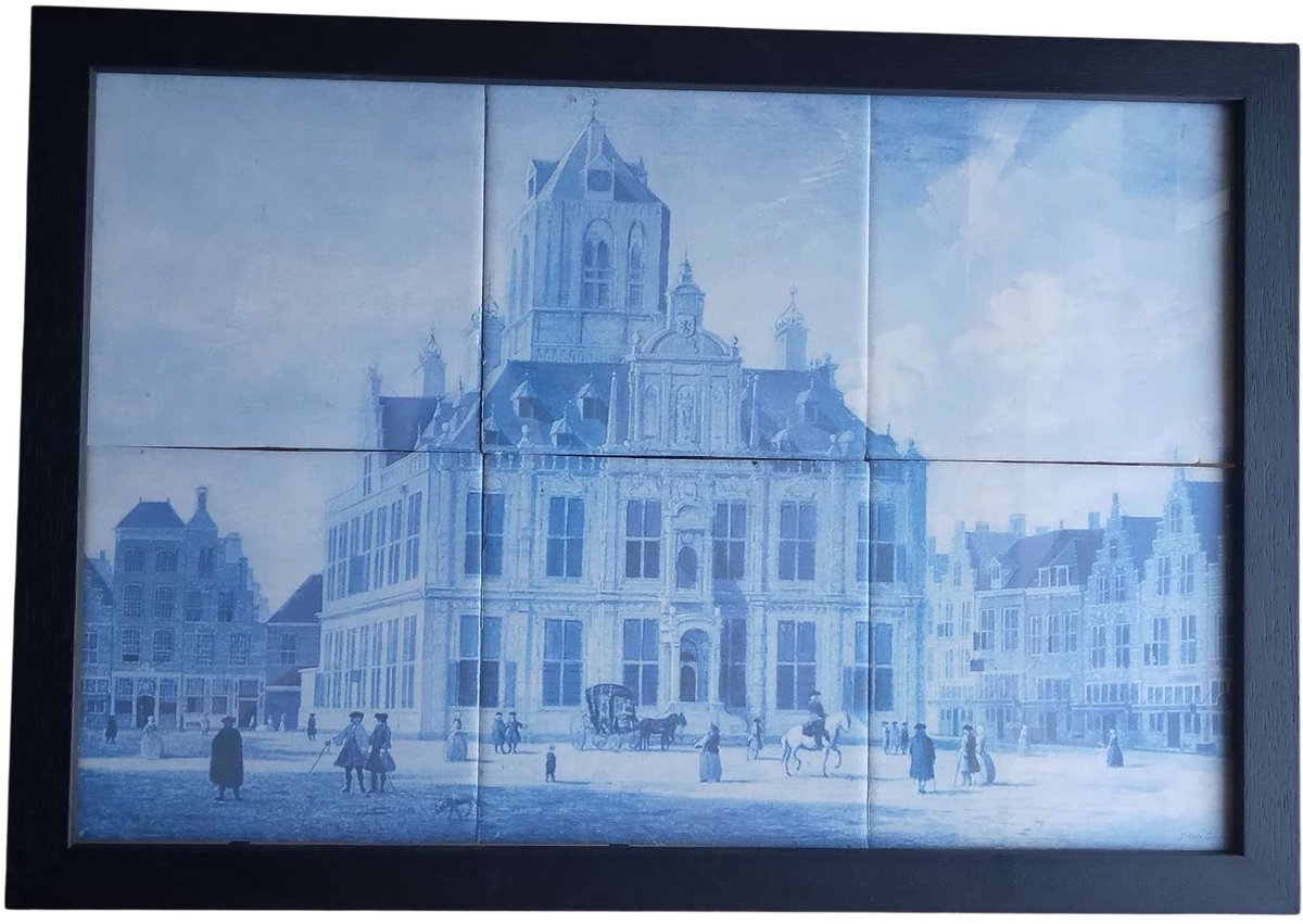MadDeco Nederlands fabrikaat Delfts Blauw Stadhuis Delft op ingelijst plateau van 6 tegels Friese Witjes 13 x 13 cm per tegel