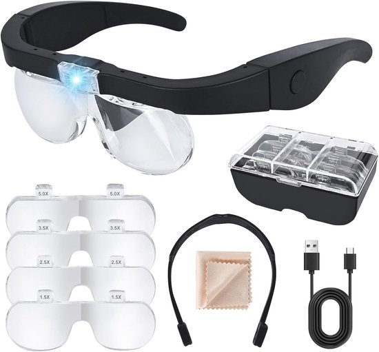 Eagle Magnifier bril met 5 verschillende lensvergrotingen en Led verlichting