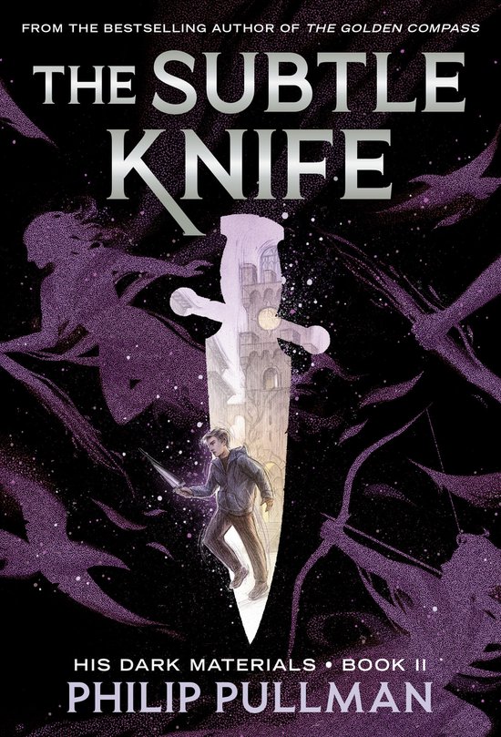 Couverture de livre « The Subtle Knife » par Philip Pullman. Une dague argentée montre un château, avec un jeune homme tenant une dague.