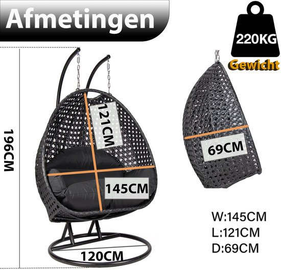 Hangstoel Dubai met Weerhoes - Zwart Frame - met Luxe Kussen -146*70*124 - 2 persoons schommelstoel