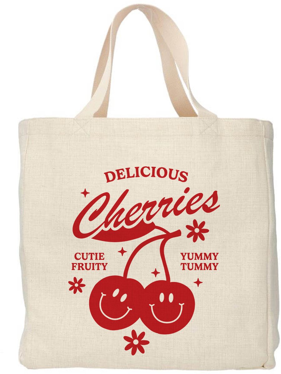 Creasowl® - Delicious cherries tote bag - Boodschappentas 38 x48 cm - Polylinnen- Kersen tas - Shopper - Canvas tas - Boodschappen tas - Totebag - Schoudertas - Draagtas - Tas met spreuk