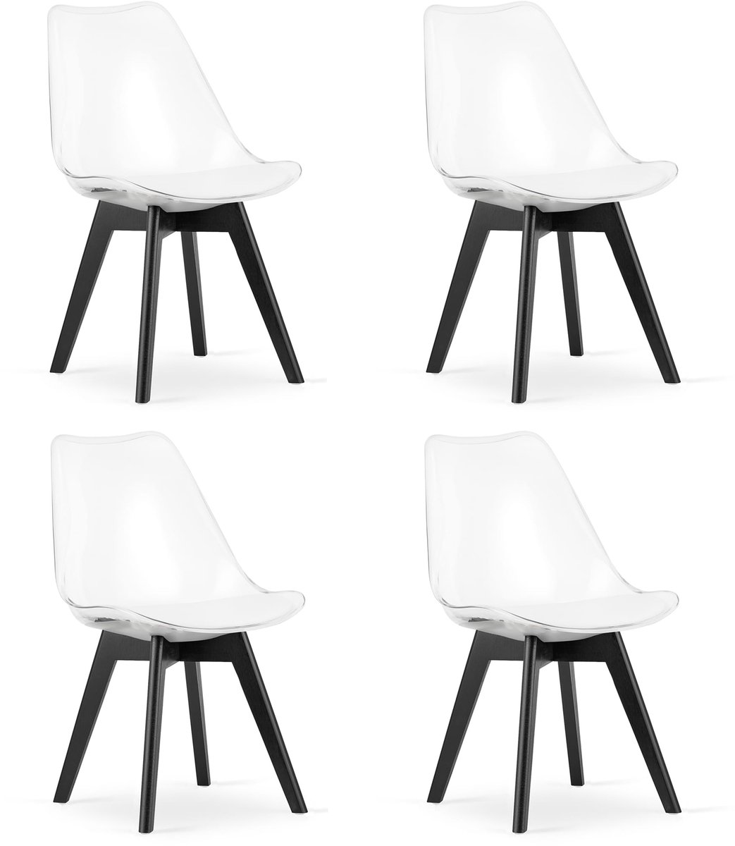 LEOBERT Set van 4 Stoelen MARK – Transparant, Zwarte Poten, Kunststof Zitting met Kunstlederen Kussen, Strak Design, Ergonomisch, Geschikt voor Keuken, Eetkamer, Kantine en Werkruimte, Max. 120 kg