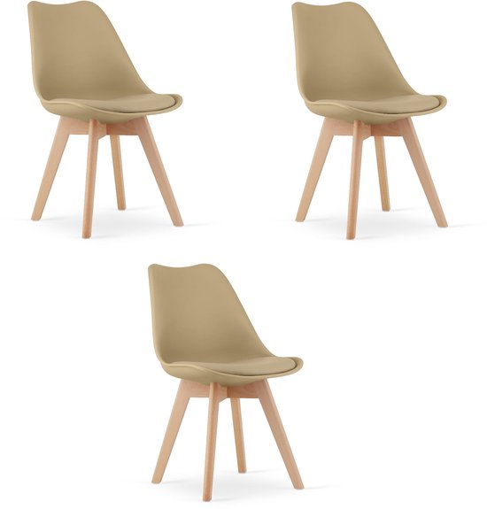 Set van 3 Stoelen MARK – Donkerbeige, Beukenhouten Poten, Kunststof Zitting met Kunstlederen Kussen, Strak Design, Ergonomisch, Geschikt voor Keuken, Eetkamer, Kantine en Werkruimte, Max. 120 kg