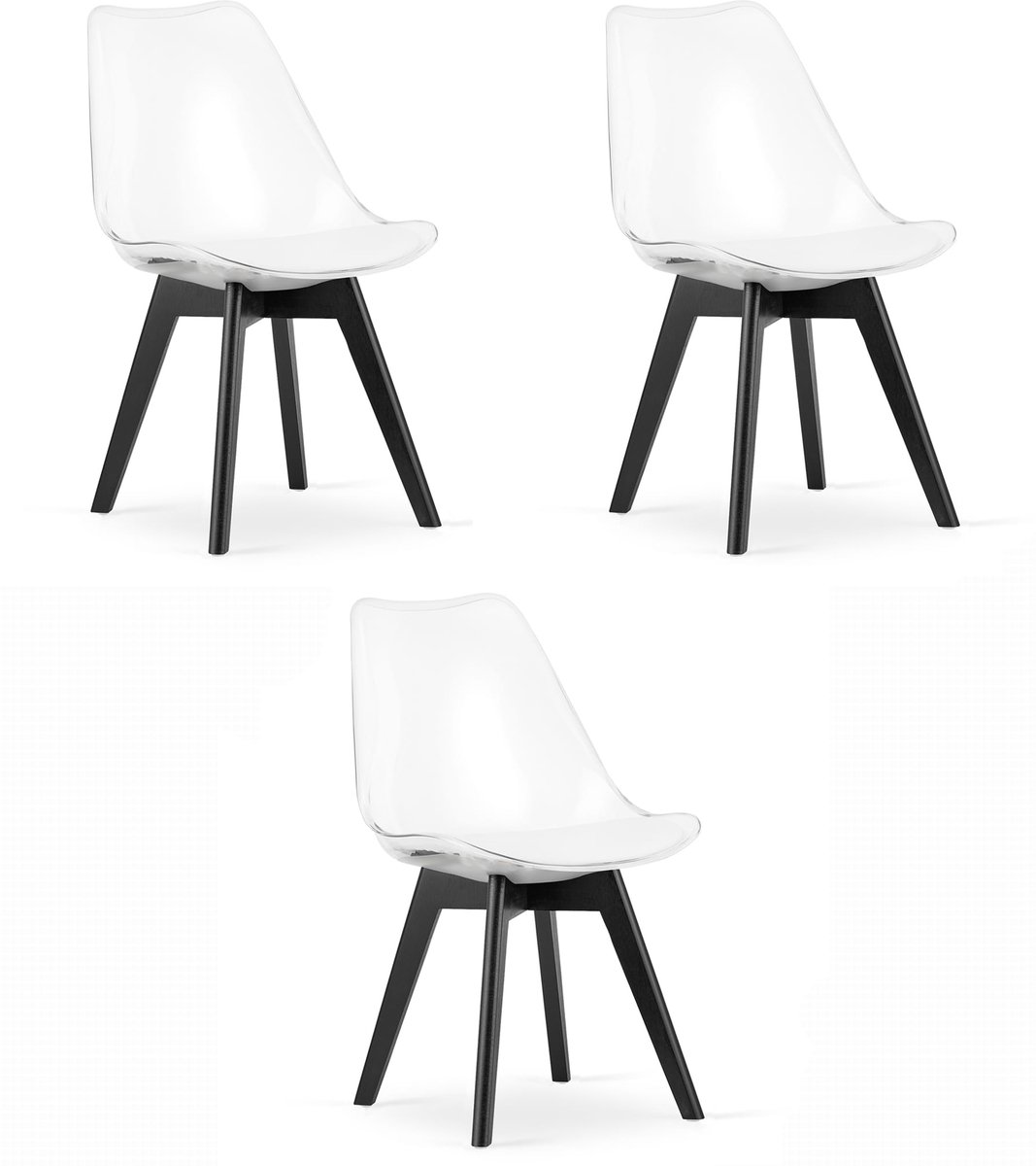 LEOBERT Set van 3 Stoelen MARK – Transparant, Zwarte Poten, Kunststof Zitting met Kunstlederen Kussen, Strak Design, Ergonomisch, Geschikt voor Keuken, Eetkamer, Kantine en Werkruimte, Max. 120 kg