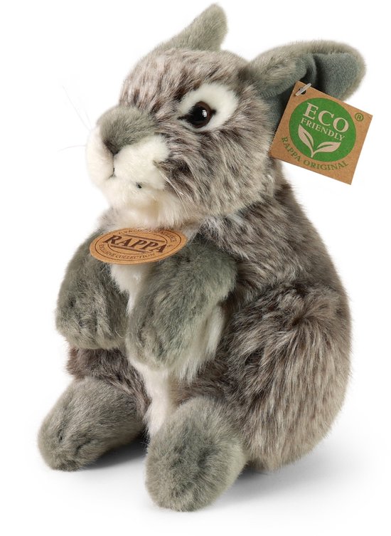 Rappa ECO knuffel mini konijn / haas 19 cm - realistische knuffel van recyclede PET flessen - grijs, wit