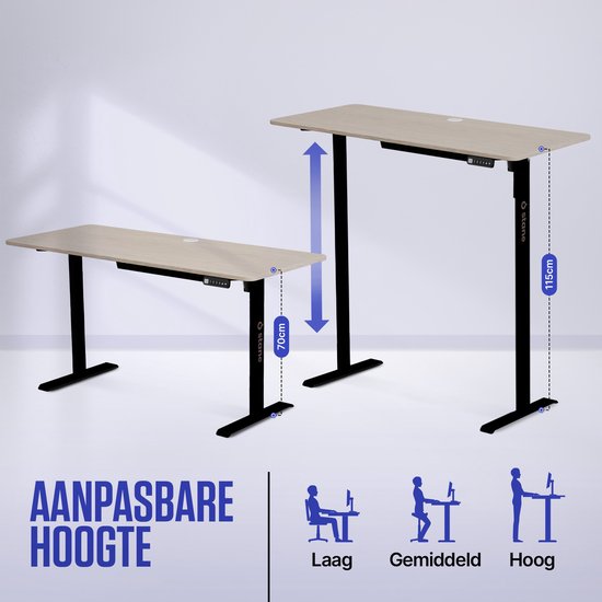 Verstelbare hoogte bureau (70cm tot 115cm) in lage, gemiddelde en hoge positie.
