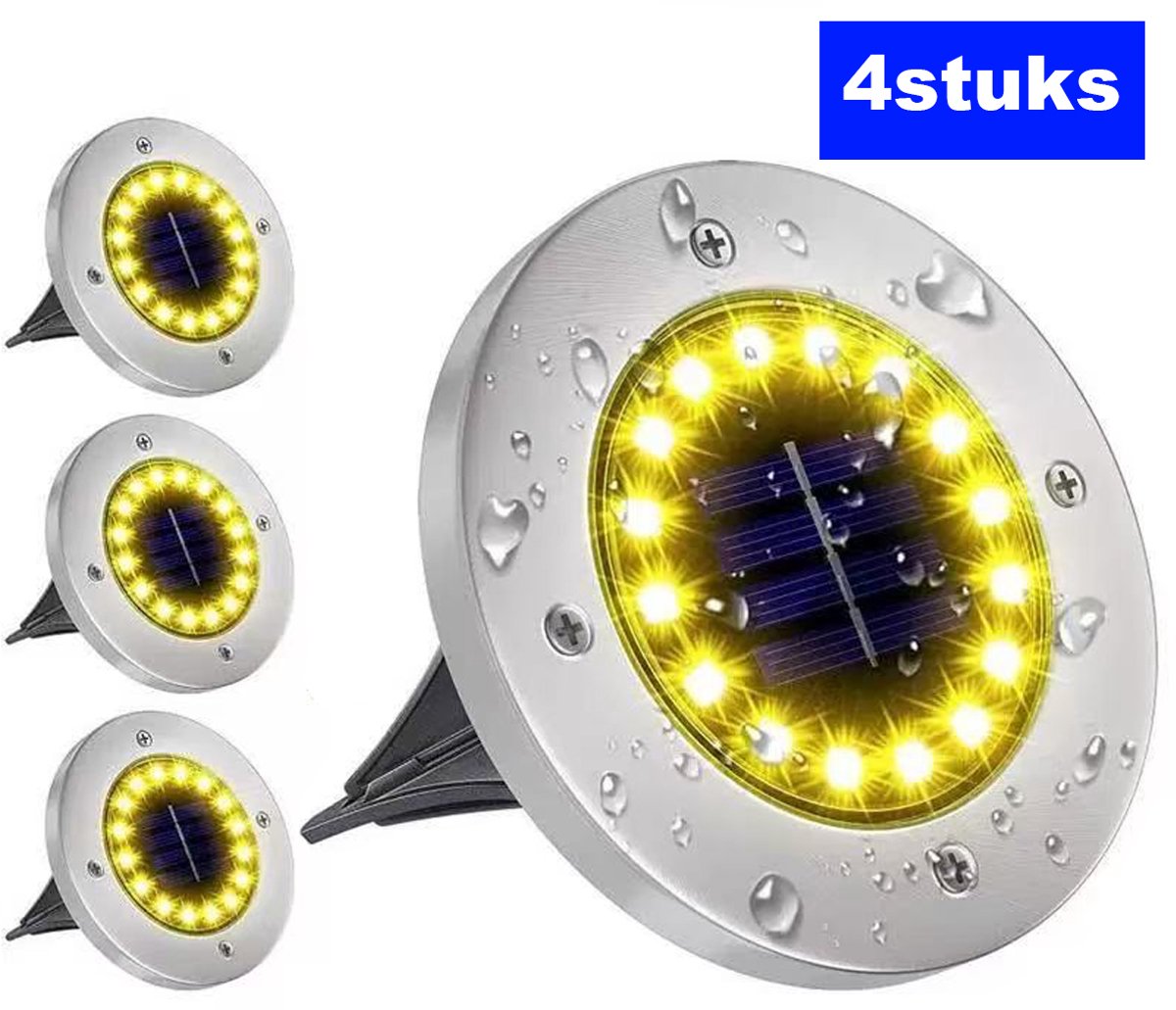 Solar Grondspots (4stuks) - Warm wit-Grond Spots op Zonne-energie met 16 LED Spotjes-RVS-10 Uur Buiten Verlichting in Tuin - IP65 Waterdicht - Tuinverlichting Lamp op zonne energie-Buitenverlichting Tuinlamp