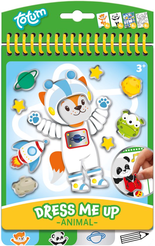 Totum Dress Me Up sticker aankleed- en kleurboekje vakantieboekje dieren 24 delig - speelgoed junior vanaf 3 jaar stickeren en kleuren - panda en vosje
