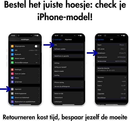 Instructies in het Nederlands om de iPhone model te checken voor het bestellen van een hoesje.