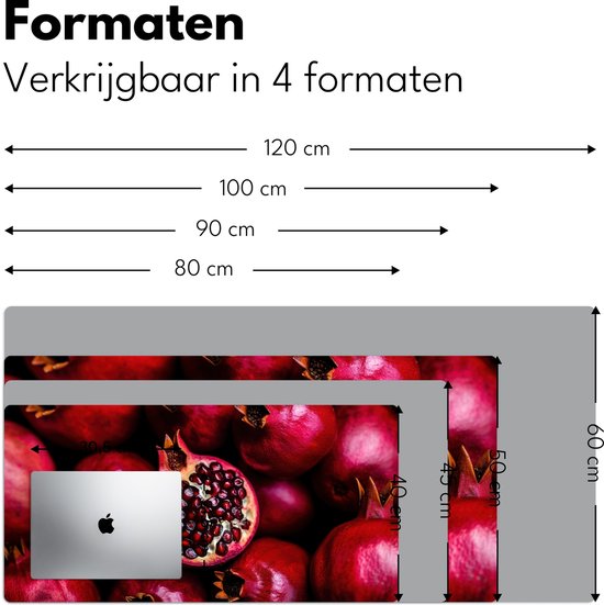 Bureau onderlegger 120x60 cm - Muismat Granaatappel - Rood - Fruit - Bureaumat - Mousepad XXL - Bureau mat - Muismatten groot - Desk organizer - Bureaulegger