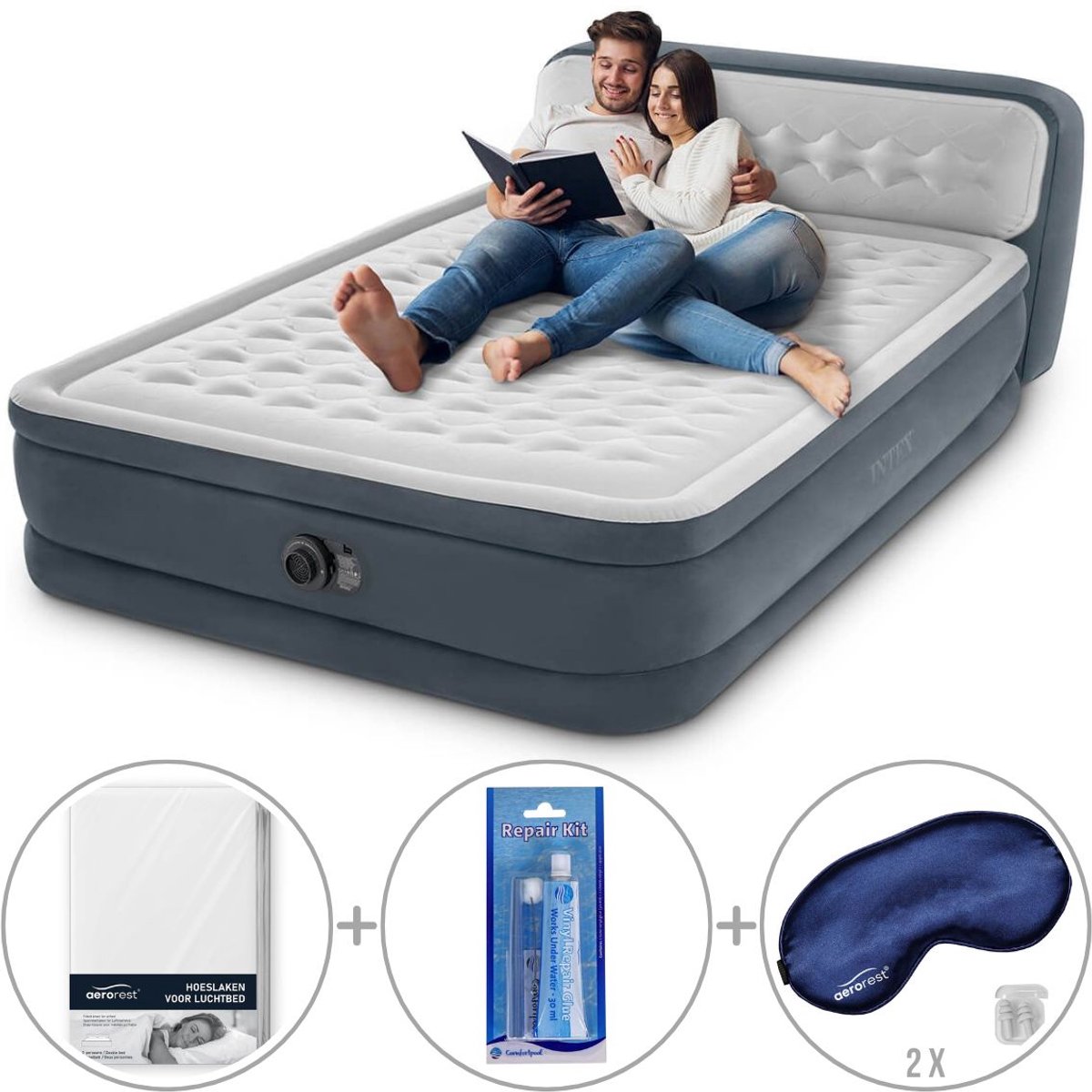 Intex Ultra Plush luchtbed met hoofdboord | Tweepersoons | 152 x 203 x 46 cm | Inclusief reparatiekit + hoeslaken + twee slaapmaskers