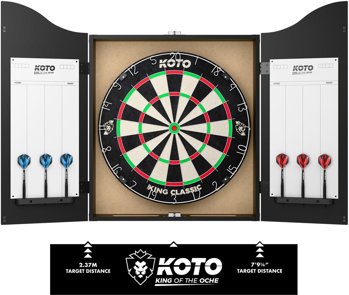 KOTO - Darts Center Zwart - Classic Dartbord - Darts (6x) - Throwline - Whiteboard + Marker - Dartset - Dartkabinet