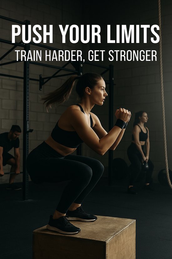 Vrouw doet een squat op een houten blok in een sportschool, met tekst "PUSH YOUR LIMITS TRAIN HARDER, GET STRONGER".