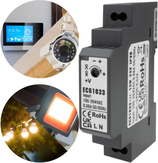 Alimentation LED montée sur rail DIN 15W 24V 0,62A 90,5x18x58,5 mm