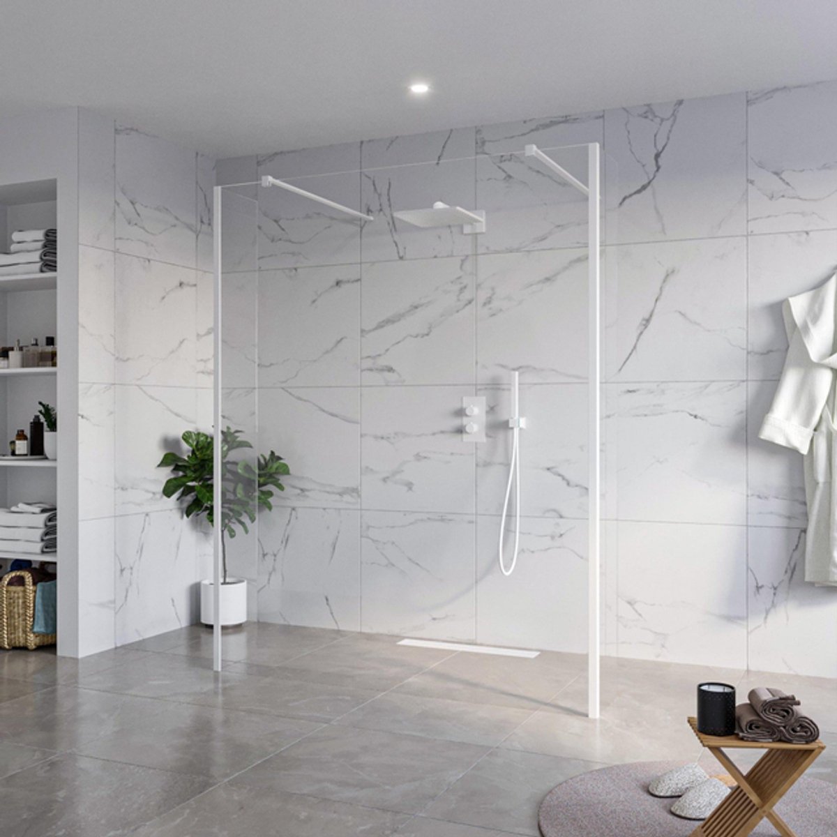FugaFlow Eccelente Vetro Vrijstaande inloopdouche badkamer - 160x200cm - Helder - antikalk - 8mm veiligheidsglas - 2 zijwanden 30cm - met wandarmen en hoekprofielen - Wit mat -