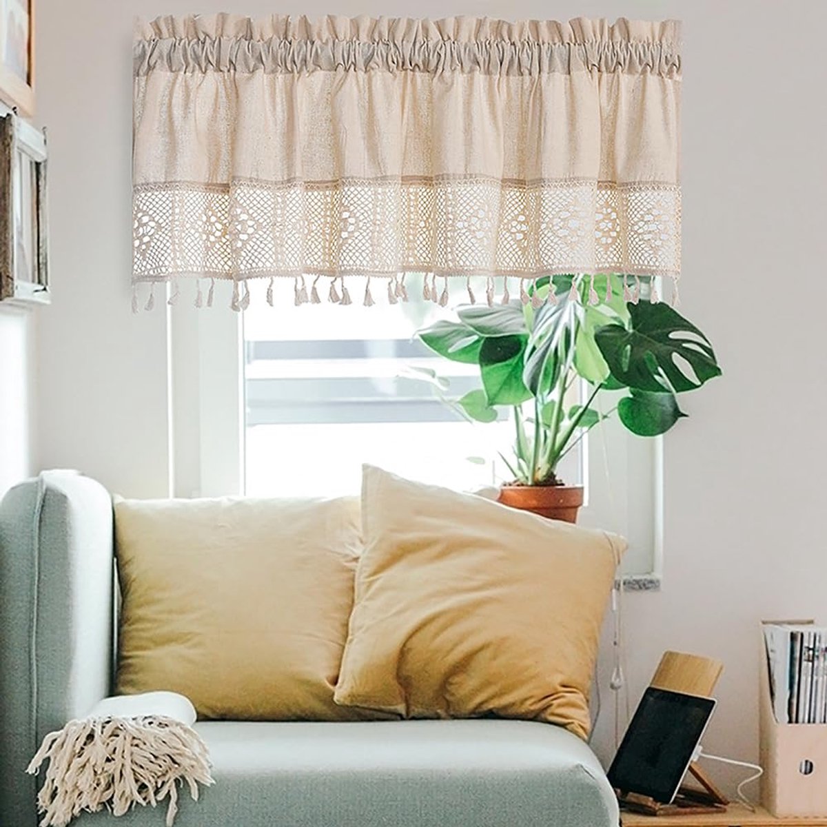 Ibenzoa Luxe Boho Stijl Linnen Vitrage met Kwastjes voor Diverse Ruimtes in Huis beige