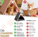 Corgi in een roze tipi tent en een grijze tipi tent met hond. Vergelijking met mand.