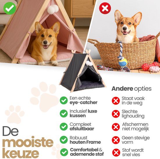 Een corgi zit vrolijk in een roze tipi tent. Links een checklist met vinkjes, rechts een corgi in een mand met kruisjes.