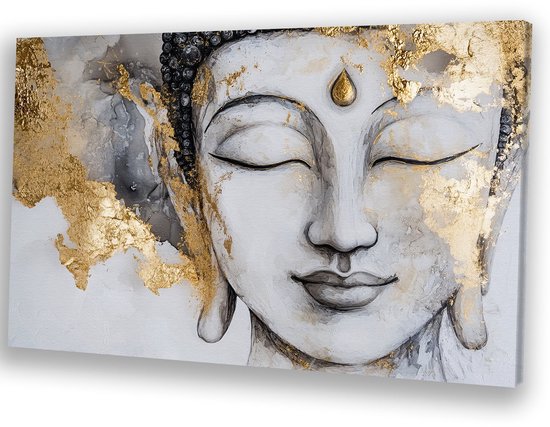 Gouden Boeddha op grijze achtergrond - Boeddha canvas kunst - Muurdecoratie canvas religie - Japandi - Decoratie voor thuis - Kantoor decoratie - canvas 90x60 cm